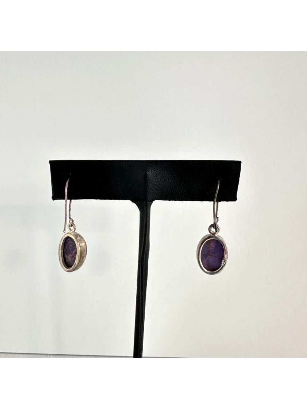 Sterling Silver 925 Purple Copper Turquoise Cabochon Drop Earrings Bohemian - Picture 7 of 7